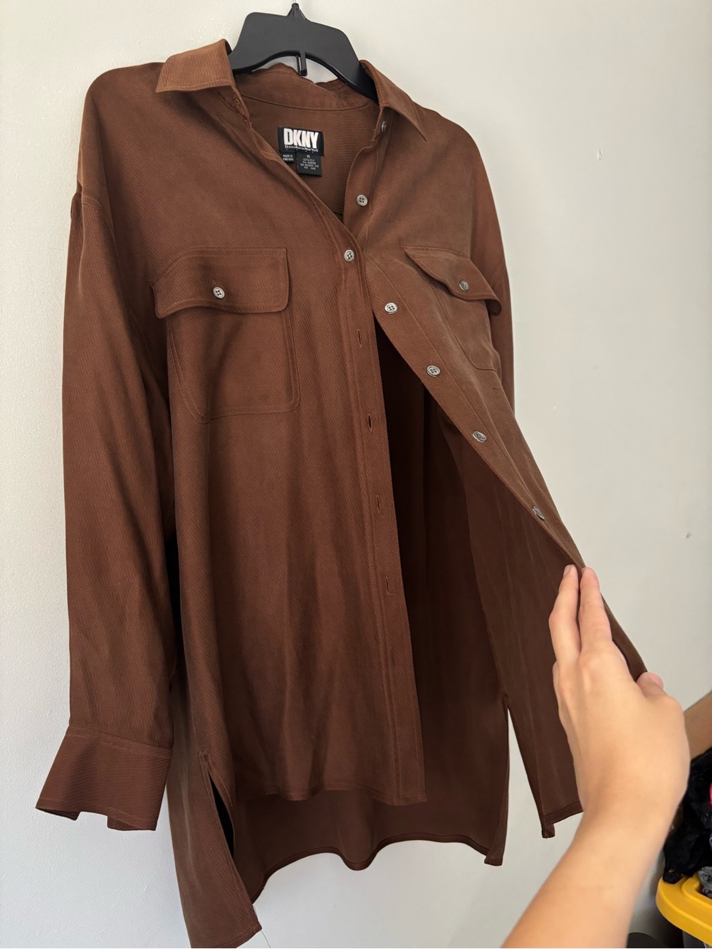 Vintage Streetwear Men Chocolate Brown Silk Button Up Long Sleeve Medium Shirt